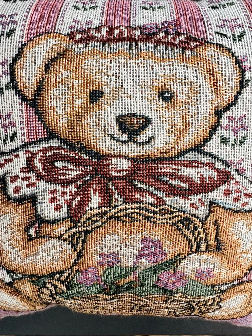 VINTAGE tapestry Throw Pillow With Teddy Bear- Cottagecore Grandma Style